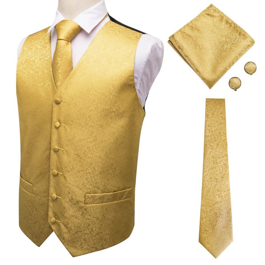 Luxury Gold Paisley Jacquard Silk Vest Set vest set    - Sophisticated Gentlemen