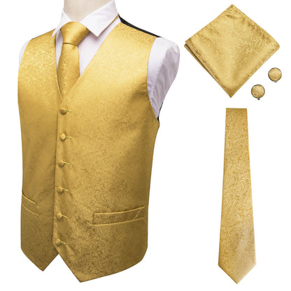 Luxury Gold Paisley Jacquard Silk Vest Set vest set    - Sophisticated Gentlemen