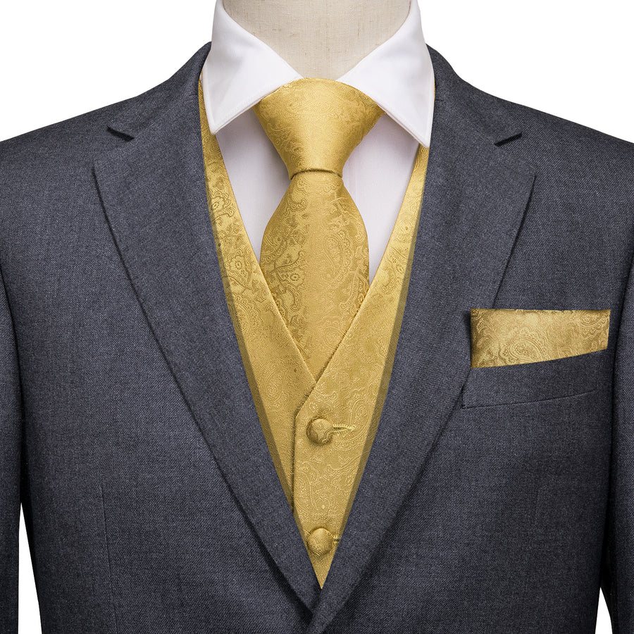 Luxury Gold Paisley Jacquard Silk Vest Set vest set S (Chest 40")   - Sophisticated Gentlemen