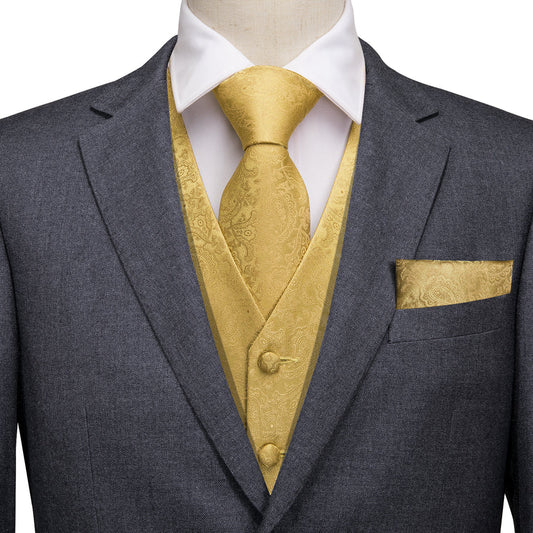 Luxury Gold Paisley Jacquard Silk Vest Set vest set S (Chest 40")   - Sophisticated Gentlemen