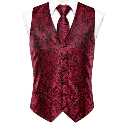 Red and Black Paisley Jacquard Silk Vest Set vest set    - Sophisticated Gentlemen