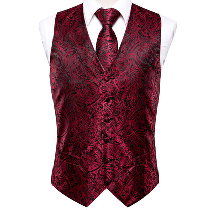 Red and Black Paisley Jacquard Silk Vest Set vest set    - Sophisticated Gentlemen