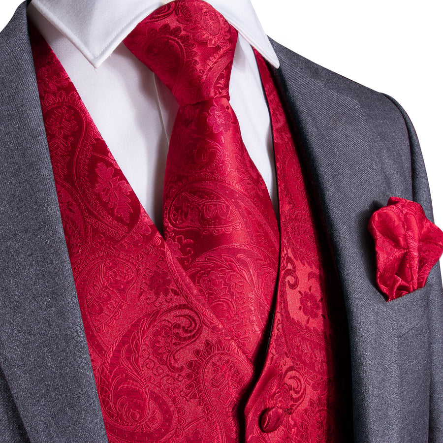 Luxury Red Paisley Silk Vest Set vest set S (Chest 40")   - Sophisticated Gentlemen