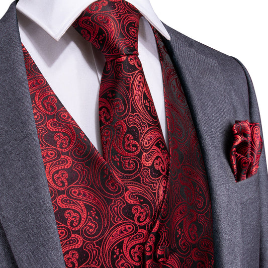 Regal Black & Crimson Paisley Silk Vest Set vest set S (Chest 40") - Sophisticated Gentlemen