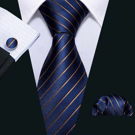 Regal Deep Blue & Gold Striped Silk Tie Set with Pocket Square and Cufflinks tie sets - Sophisticated Gentlemen