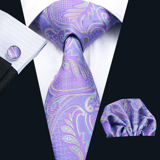 Lavender Purple Paisley Silk Tie, Pocket Square and Cufflinks Set tie sets    - Sophisticated Gentlemen