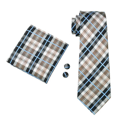 Brown Black White Plaid Silk Tie, Pocket Square and Cufflinks Set tie sets    - Sophisticated Gentlemen