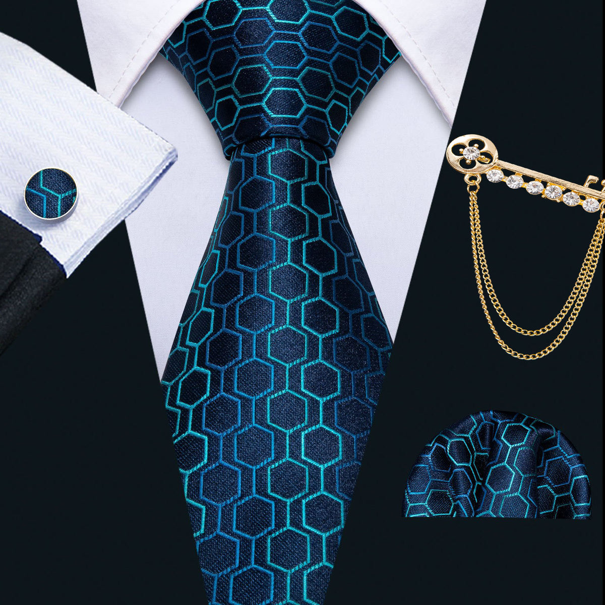 Blue Geometric Silk Tie, Pocket Square and Cufflinks Set tie sets    - Sophisticated Gentlemen