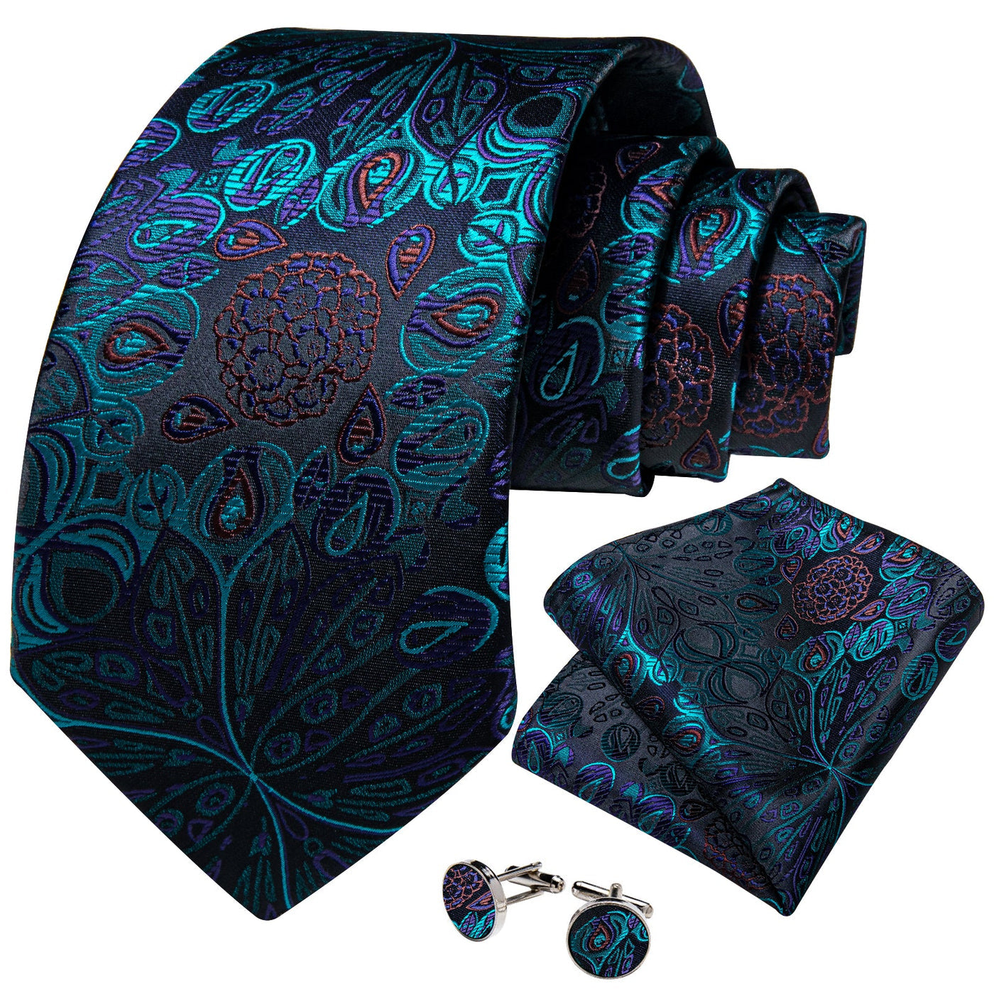 Peacock Dance Tie, Pocket Square and Cufflinks tie sets - Sophisticated Gentlemen