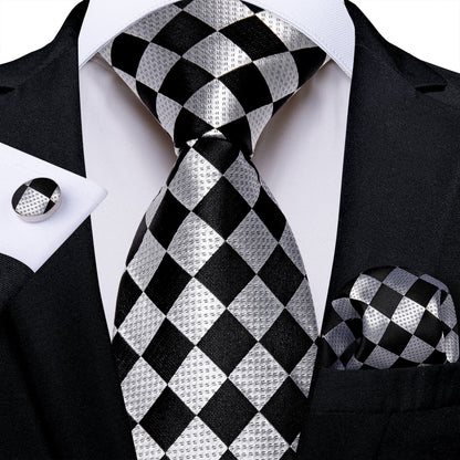 Silver & Black Checkerboard Silk Tie, Pocket Square & Cufflinks Set tie sets - Sophisticated Gentlemen