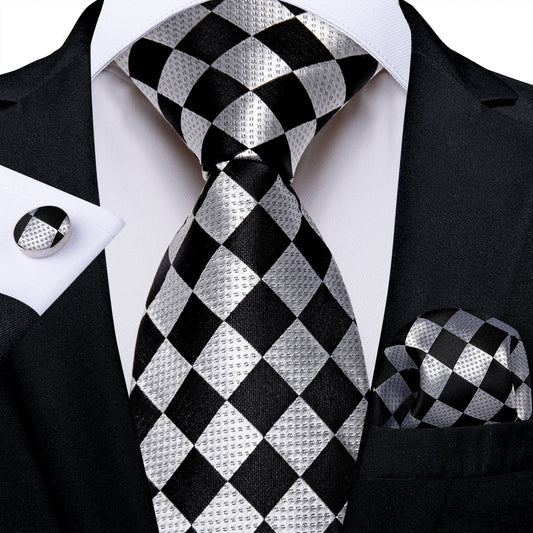 Silver & Black Checkerboard Silk Tie, Pocket Square & Cufflinks Set tie sets - Sophisticated Gentlemen