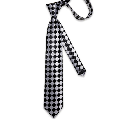 Silver & Black Checkerboard Silk Tie, Pocket Square & Cufflinks Set tie sets - Sophisticated Gentlemen
