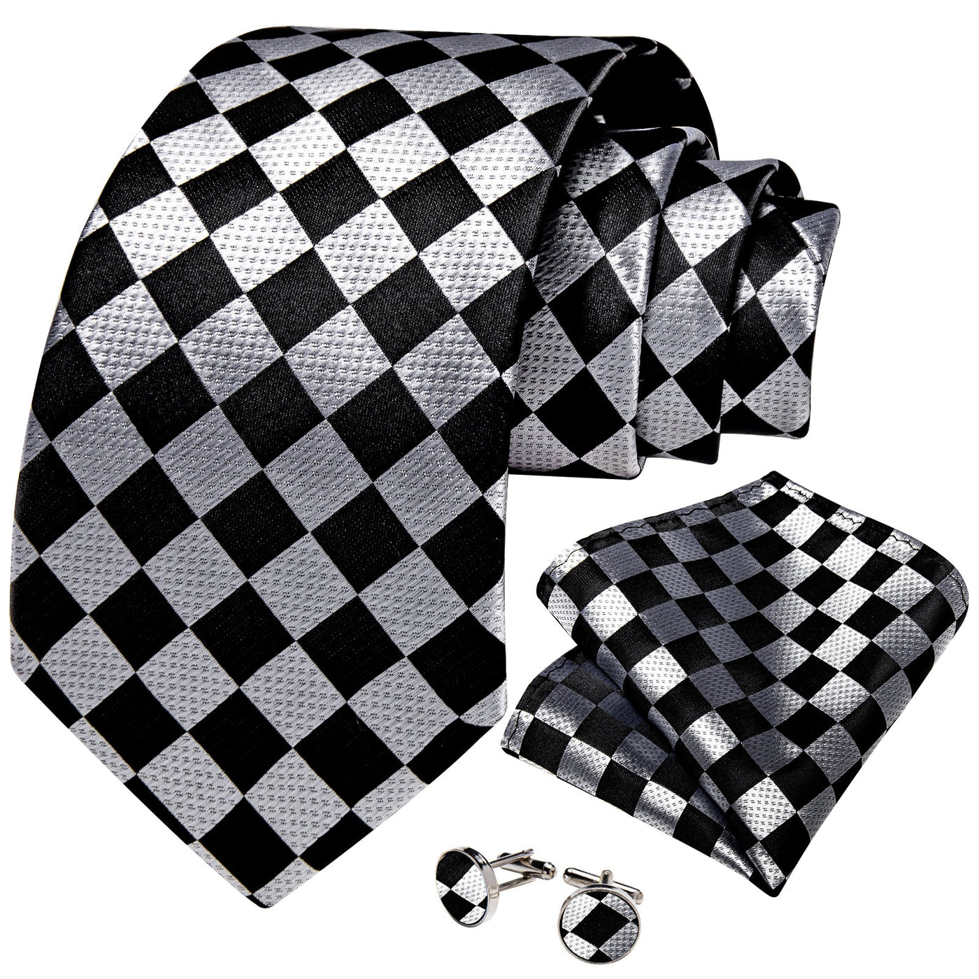 Silver & Black Checkerboard Silk Tie, Pocket Square & Cufflinks Set tie sets - Sophisticated Gentlemen