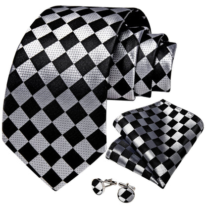 Silver & Black Checkerboard Silk Tie, Pocket Square & Cufflinks Set tie sets - Sophisticated Gentlemen