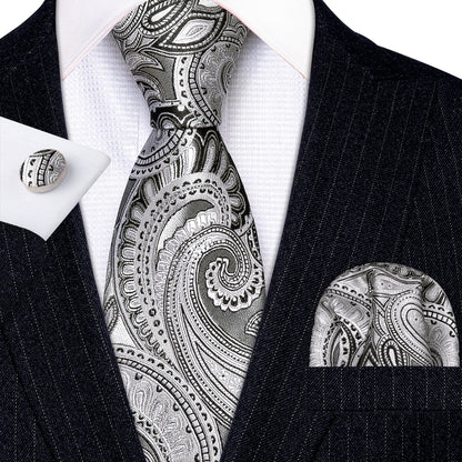 White Black Jacquard Paisley Tie, Pocket Square and Cufflinks Set tie sets    - Sophisticated Gentlemen