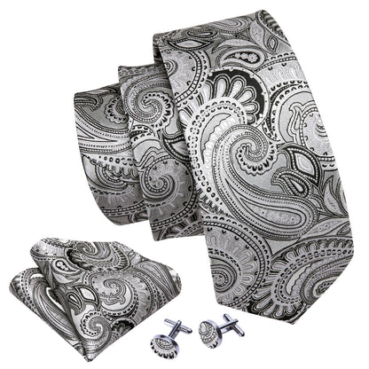 White Black Jacquard Paisley Tie, Pocket Square and Cufflinks Set tie sets    - Sophisticated Gentlemen