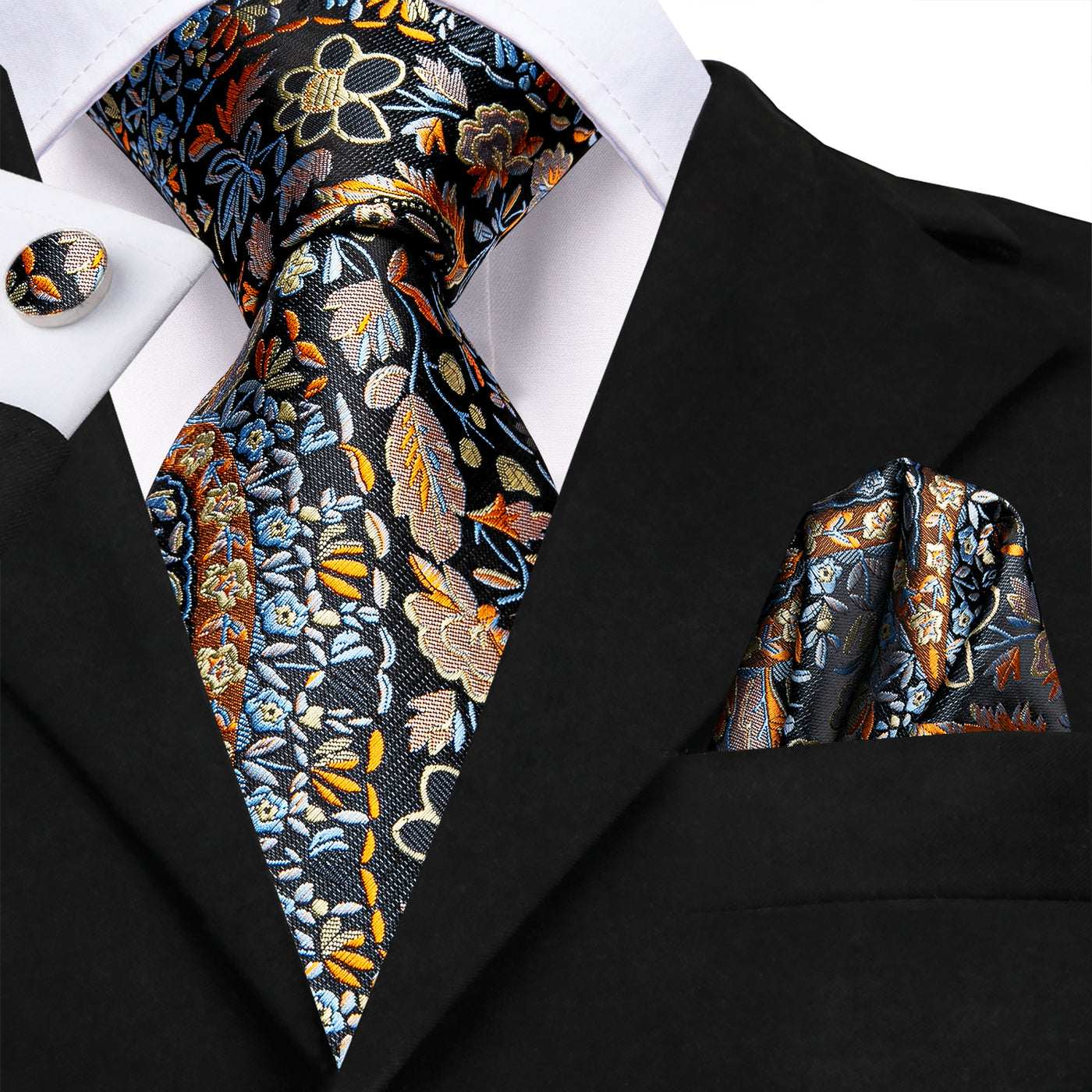 Midnight Garden Floral Silk Tie, Pocket Square & Cufflinks Set tie sets - Sophisticated Gentlemen