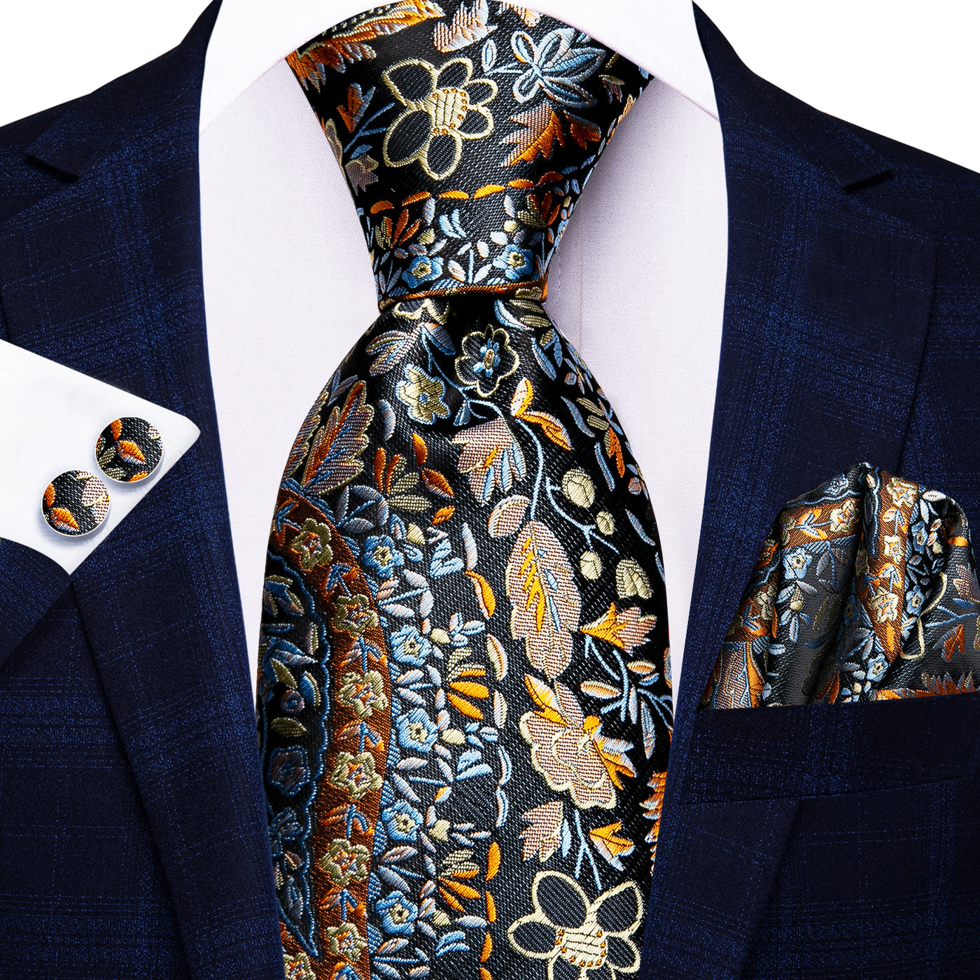Midnight Garden Floral Silk Tie, Pocket Square & Cufflinks Set tie sets - Sophisticated Gentlemen