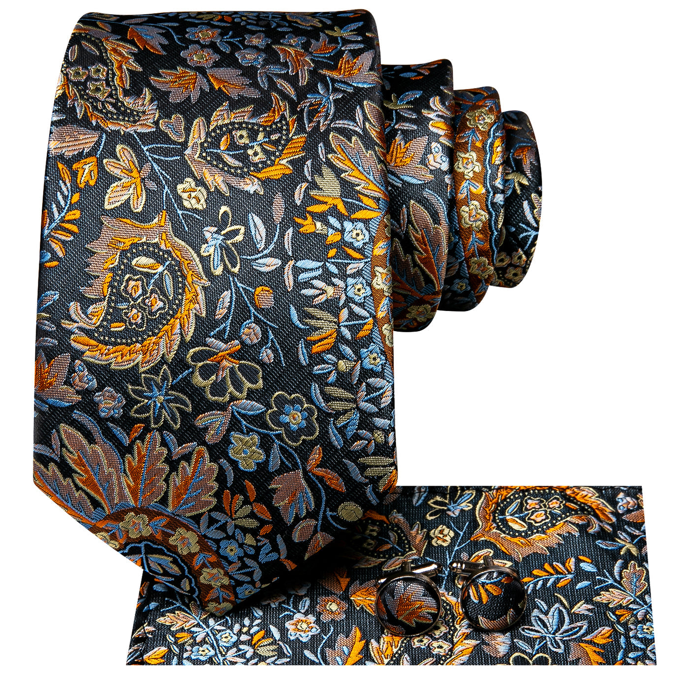 Midnight Garden Floral Silk Tie, Pocket Square & Cufflinks Set tie sets - Sophisticated Gentlemen