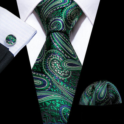 Elegant Green Paisley Jacquard Silk Tie Set with Pocket Square and Cufflinks tie sets - Sophisticated Gentlemen