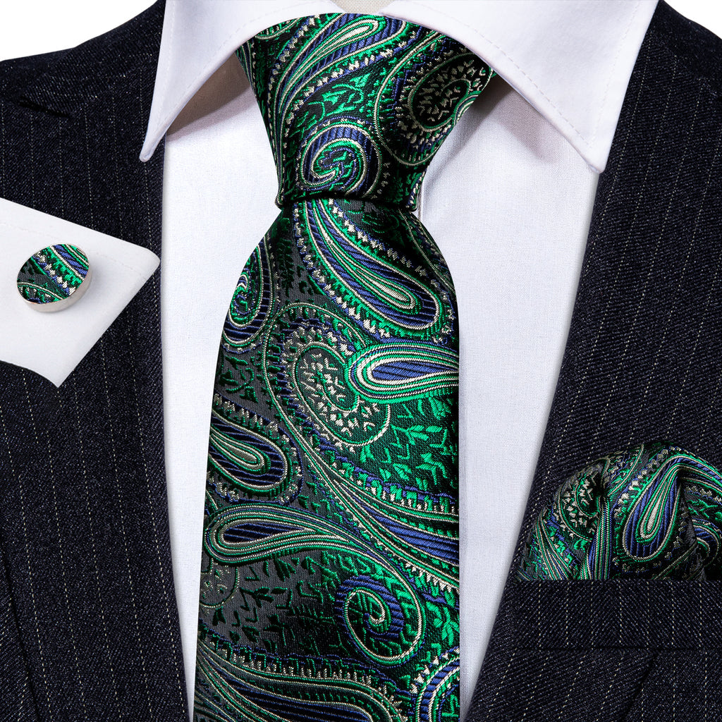 Elegant Green Paisley Jacquard Silk Tie Set with Pocket Square and Cufflinks tie sets - Sophisticated Gentlemen