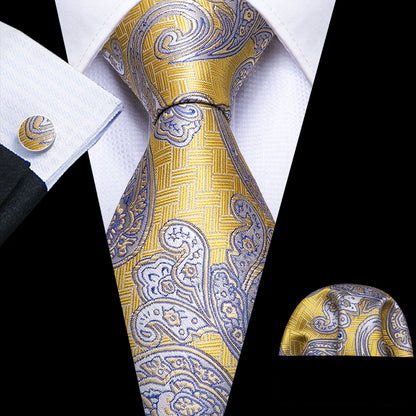 Yellow Blue Beige Paisley Tie, Pocket Square and Cufflinks Set tie sets    - Sophisticated Gentlemen