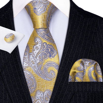 Yellow Blue Beige Paisley Tie, Pocket Square and Cufflinks Set tie sets    - Sophisticated Gentlemen