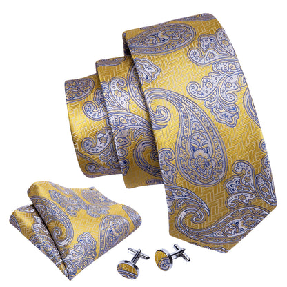 Yellow Blue Beige Paisley Tie, Pocket Square and Cufflinks Set tie sets    - Sophisticated Gentlemen