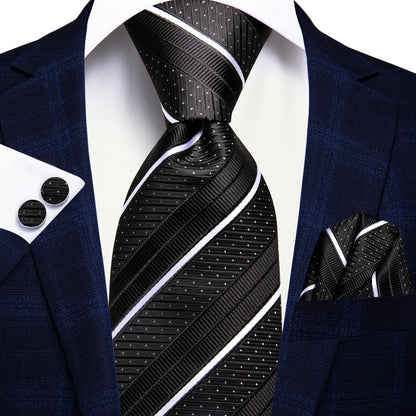Black & White Diagonal Stripe & Dot Silk Tie, Pocket Square & Cufflinks Set tie set - Sophisticated Gentlemen