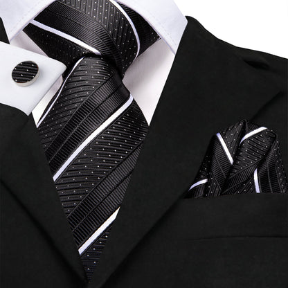 Black & White Diagonal Stripe & Dot Silk Tie, Pocket Square & Cufflinks Set tie set - Sophisticated Gentlemen