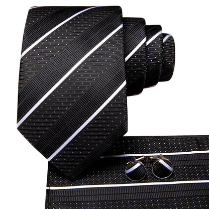 Black & White Diagonal Stripe & Dot Silk Tie, Pocket Square & Cufflinks Set tie set - Sophisticated Gentlemen
