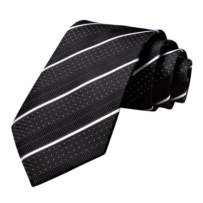 Black & White Diagonal Stripe & Dot Silk Tie, Pocket Square & Cufflinks Set tie set - Sophisticated Gentlemen