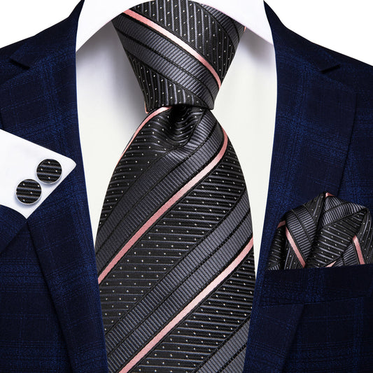 Gray and Pink Striped Silk Tie, Pocket Square and Cufflinks tie sets    - Sophisticated Gentlemen