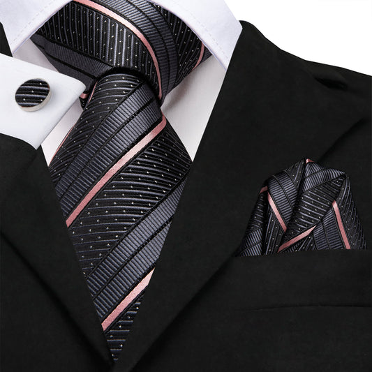 Gray and Pink Striped Silk Tie, Pocket Square and Cufflinks tie sets - Sophisticated Gentlemen