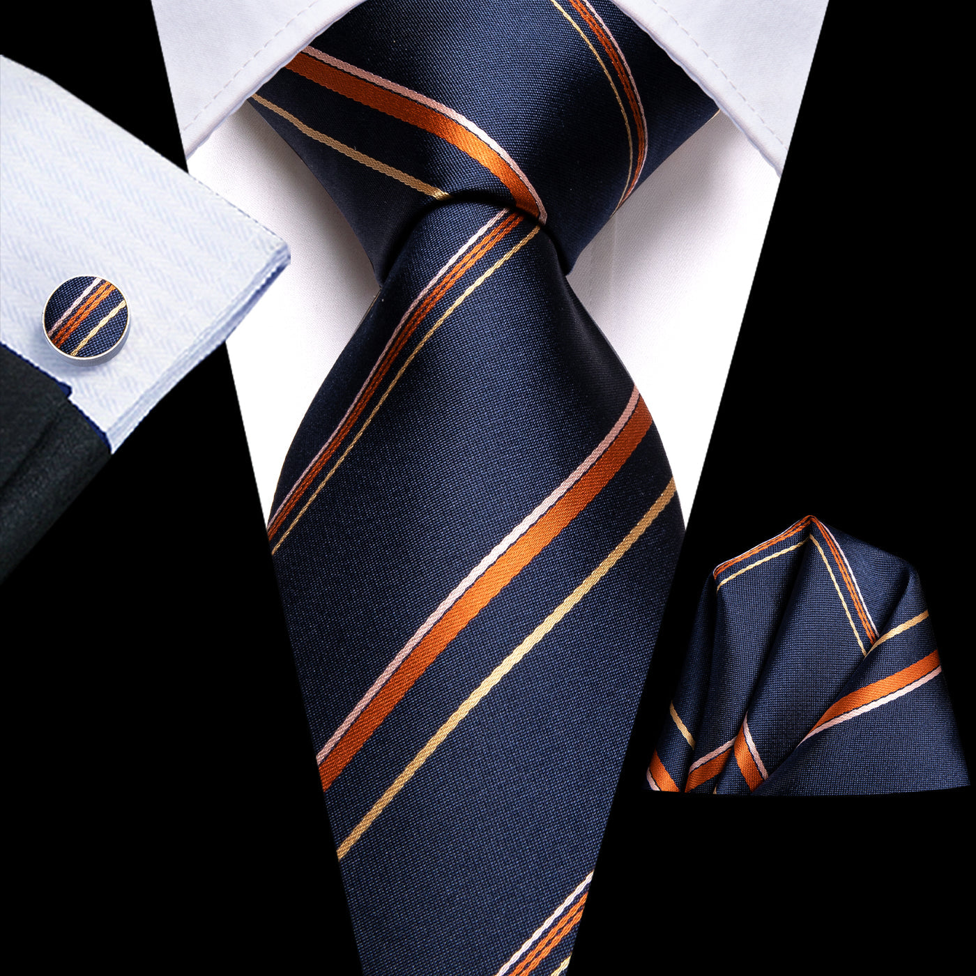 Navy Blue & Copper Striped Silk Tie with Gold Accents tie sets - Sophisticated Gentlemen