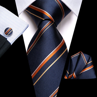 Navy Blue & Copper Striped Silk Tie with Gold Accents tie sets - Sophisticated Gentlemen