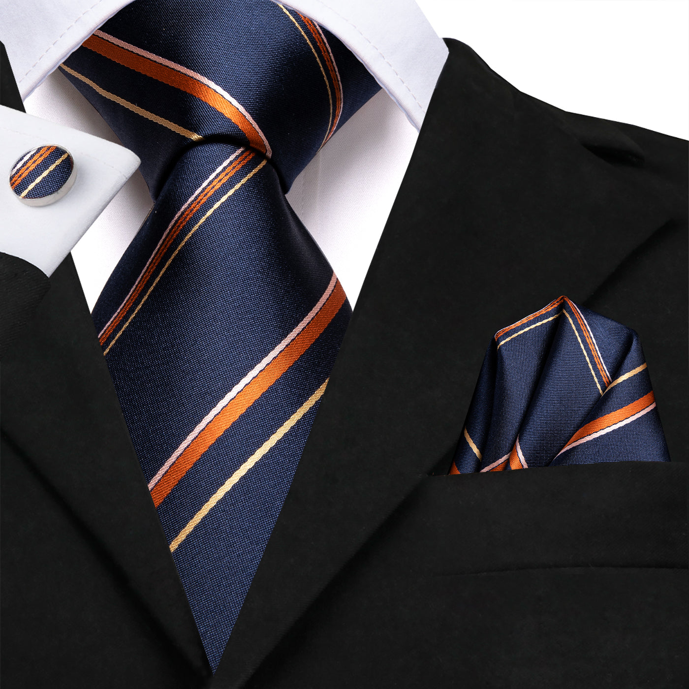 Navy Blue & Copper Striped Silk Tie with Gold Accents tie sets - Sophisticated Gentlemen
