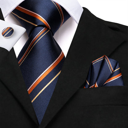 Navy Blue & Copper Striped Silk Tie with Gold Accents tie sets - Sophisticated Gentlemen