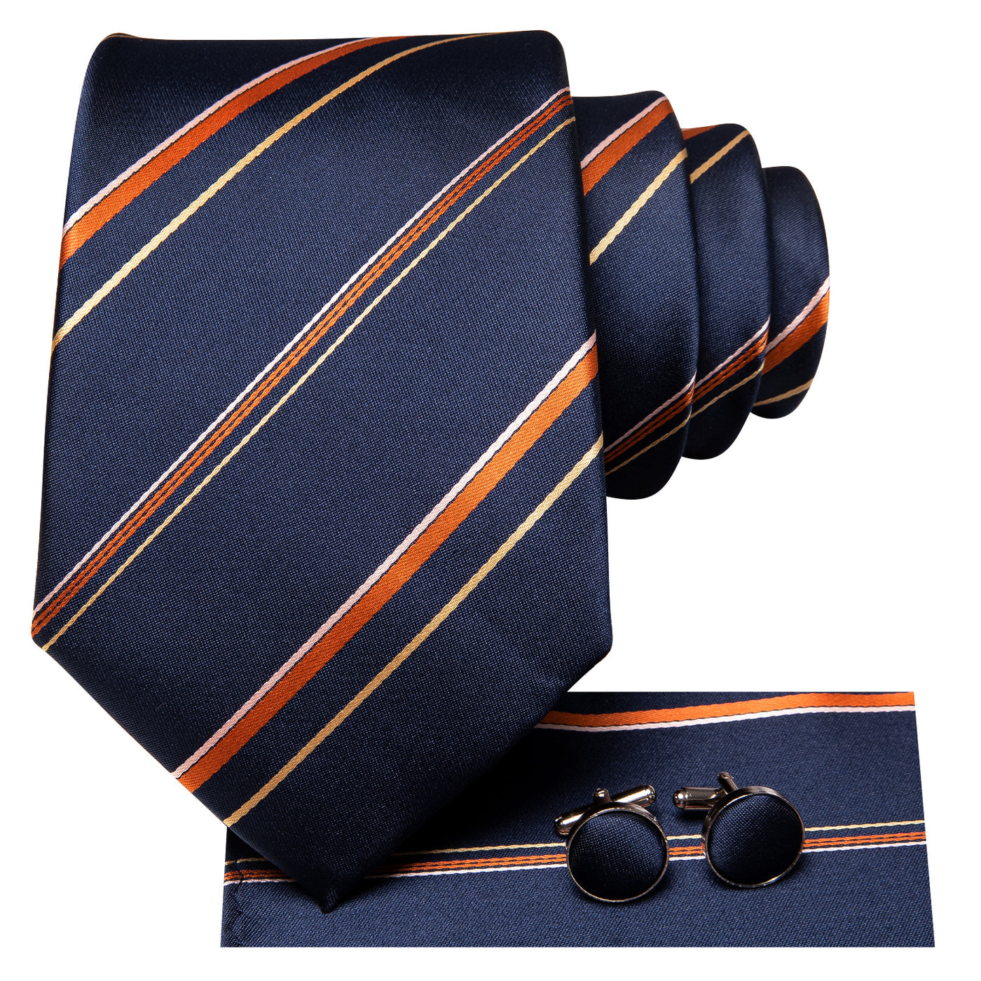 Navy Blue & Copper Striped Silk Tie with Gold Accents tie sets - Sophisticated Gentlemen