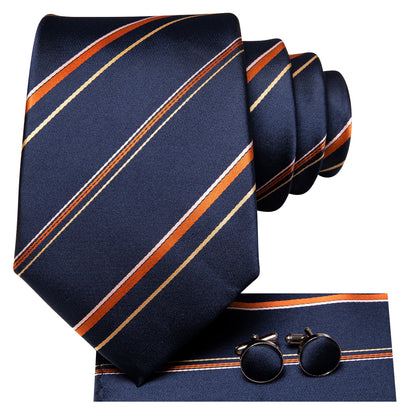 Navy Blue & Copper Striped Silk Tie with Gold Accents tie sets - Sophisticated Gentlemen