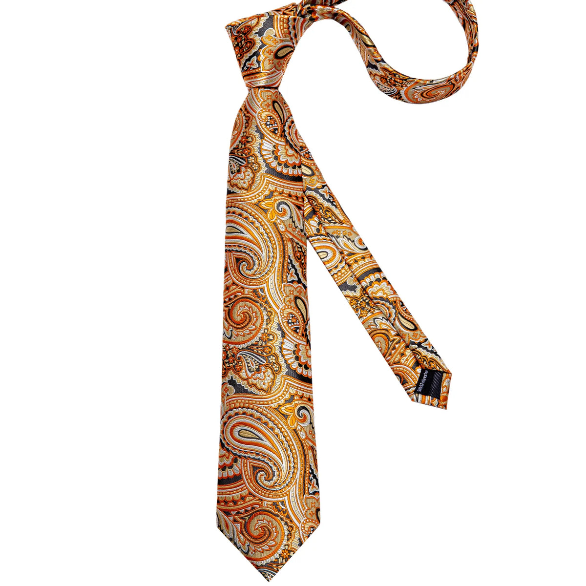 Full-length orange gold paisley silk tie for men