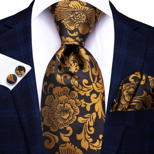 Black and Gold Floral Tie Set with Pocket Square & Cufflinks tie sets Default Title - Sophisticated Gentlemen