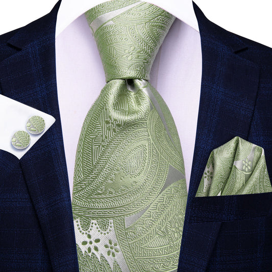 Green and Silver Floral Silk Tie, Pocket Square and Cufflinks tie sets    - Sophisticated Gentlemen