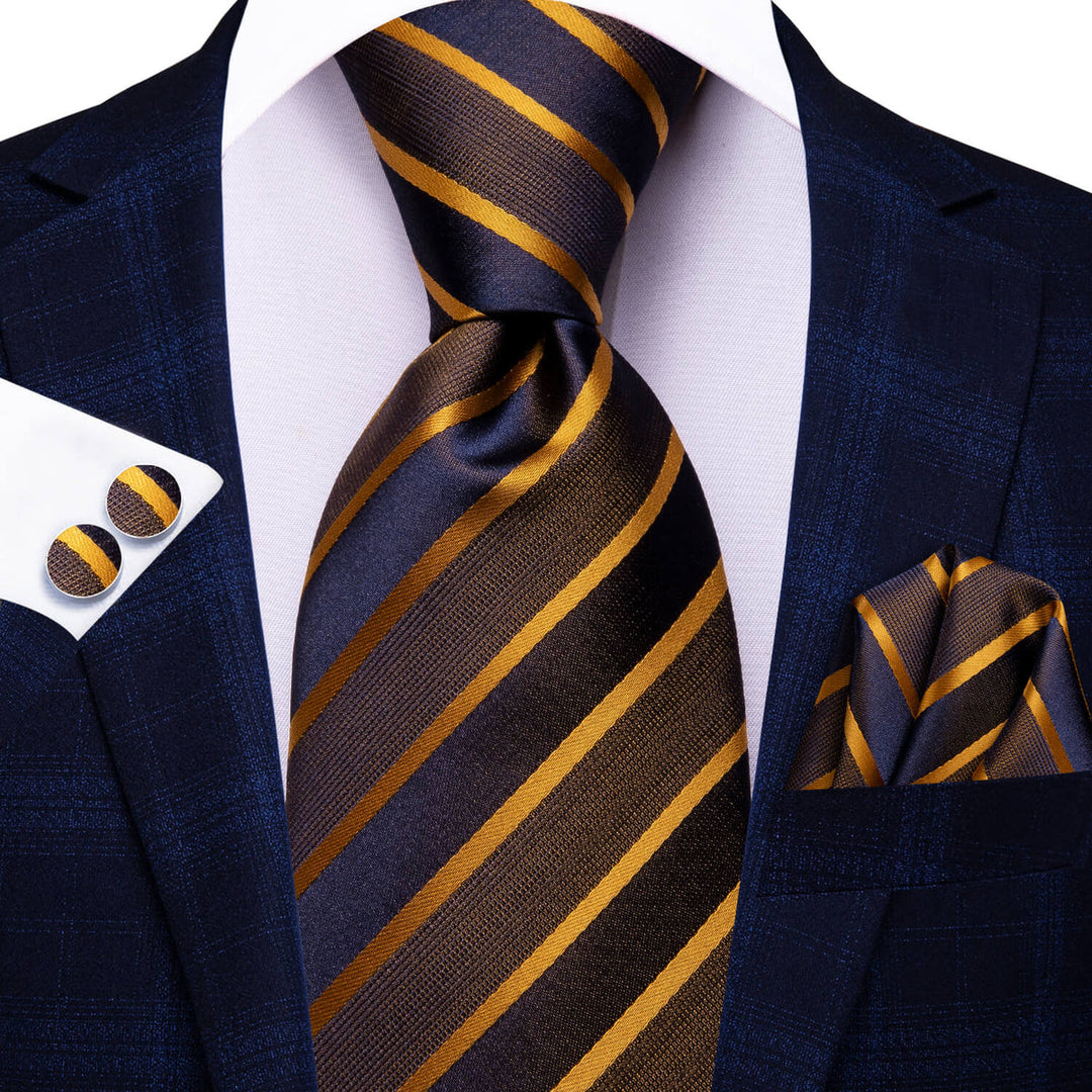 Gold, Brown and Blue Striped Silk Tie Set tie sets    - Sophisticated Gentlemen