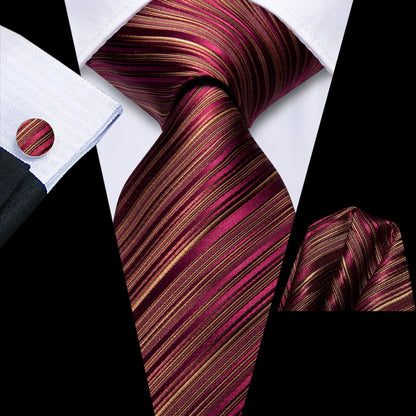Burgundy and Gold Striped Silk Tie, Pocket Square and Cufflinks tie sets    - Sophisticated Gentlemen