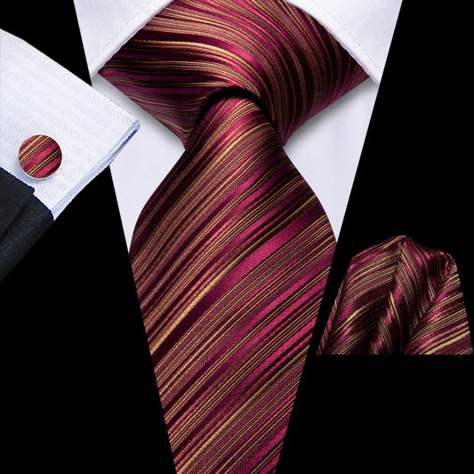 Burgundy and Gold Striped Silk Tie, Pocket Square and Cufflinks tie sets    - Sophisticated Gentlemen