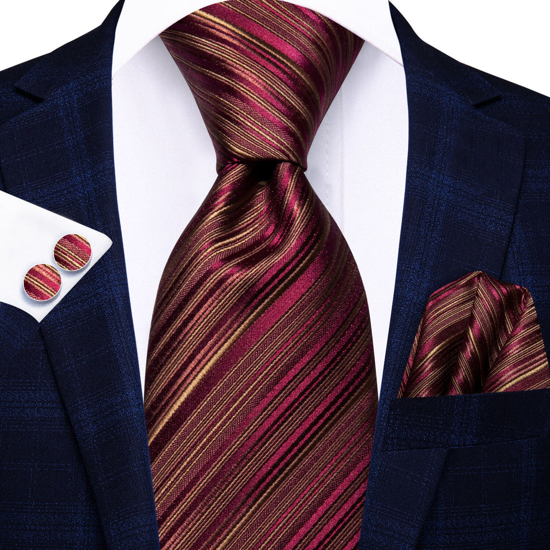 Burgundy and Gold Striped Silk Tie, Pocket Square and Cufflinks tie sets    - Sophisticated Gentlemen