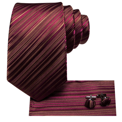 Burgundy and Gold Striped Silk Tie, Pocket Square and Cufflinks tie sets    - Sophisticated Gentlemen