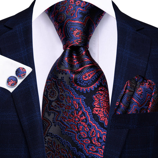 Red and Blue Floral Silk Tie, Pocket Square and Cufflinks tie sets    - Sophisticated Gentlemen