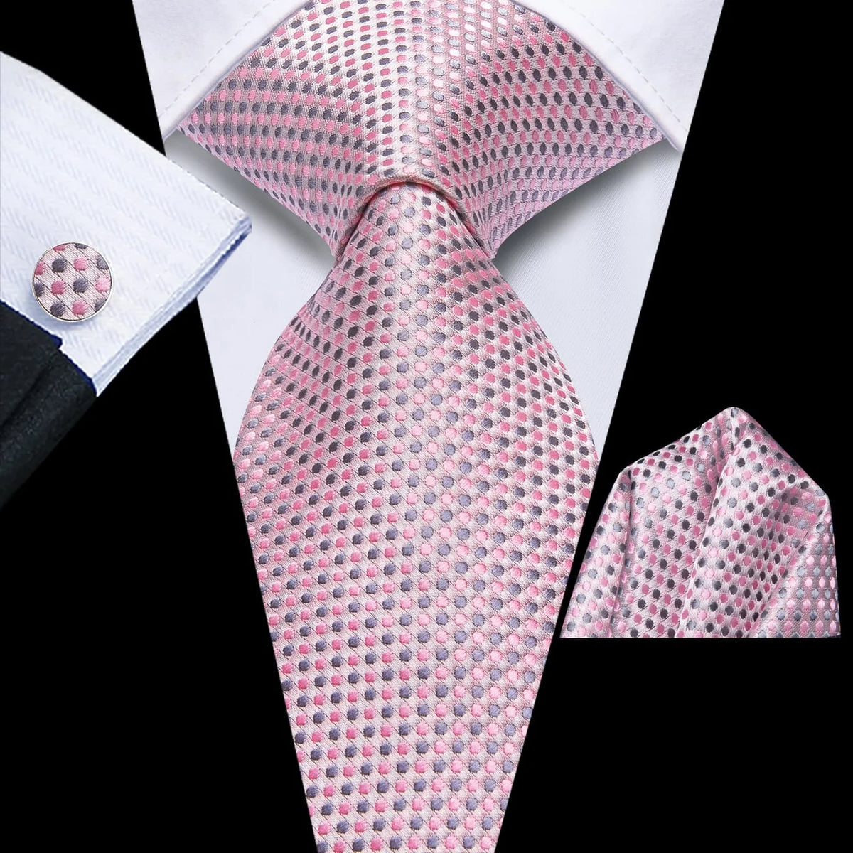 Pink and gray micro dot silk tie styled with matching pocket square and cufflink